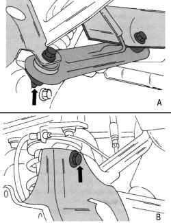 Крепление переднего и заднего поперечных рычагов (А) и верхнего рычага (В)
