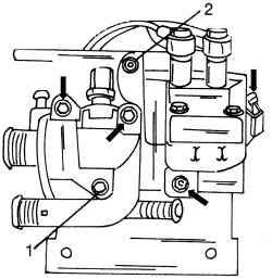 Крепление корпуса (1) термостата и катушки зажигания с держателем (2)